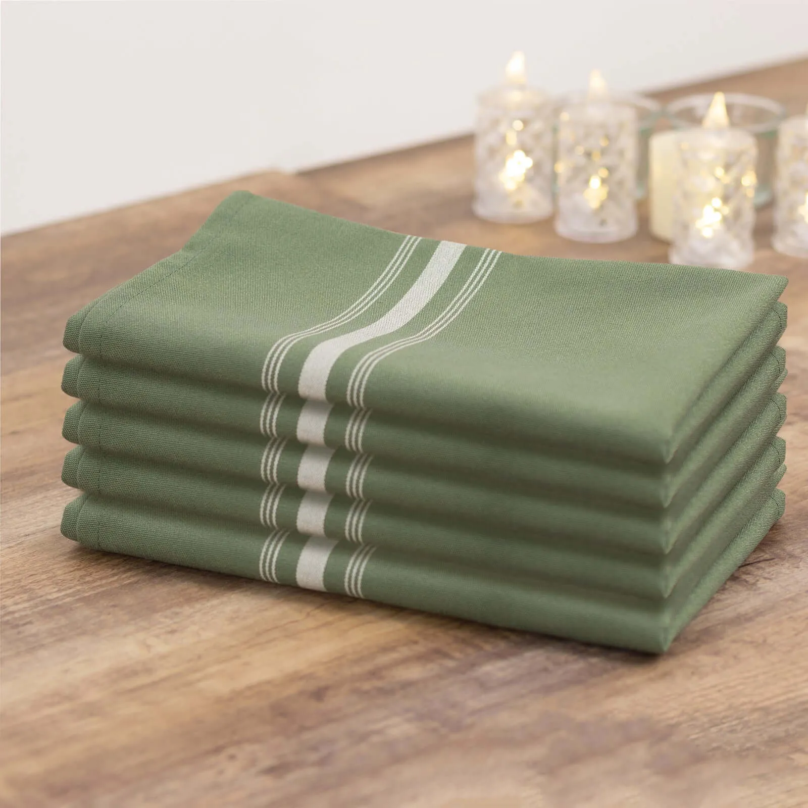 10 Pack Dusty Sage Green Spun Polyester Bistro Napkins with White Reverse Stripes, Premium Restaurant Quality Cloth Napkins - 18"x22"