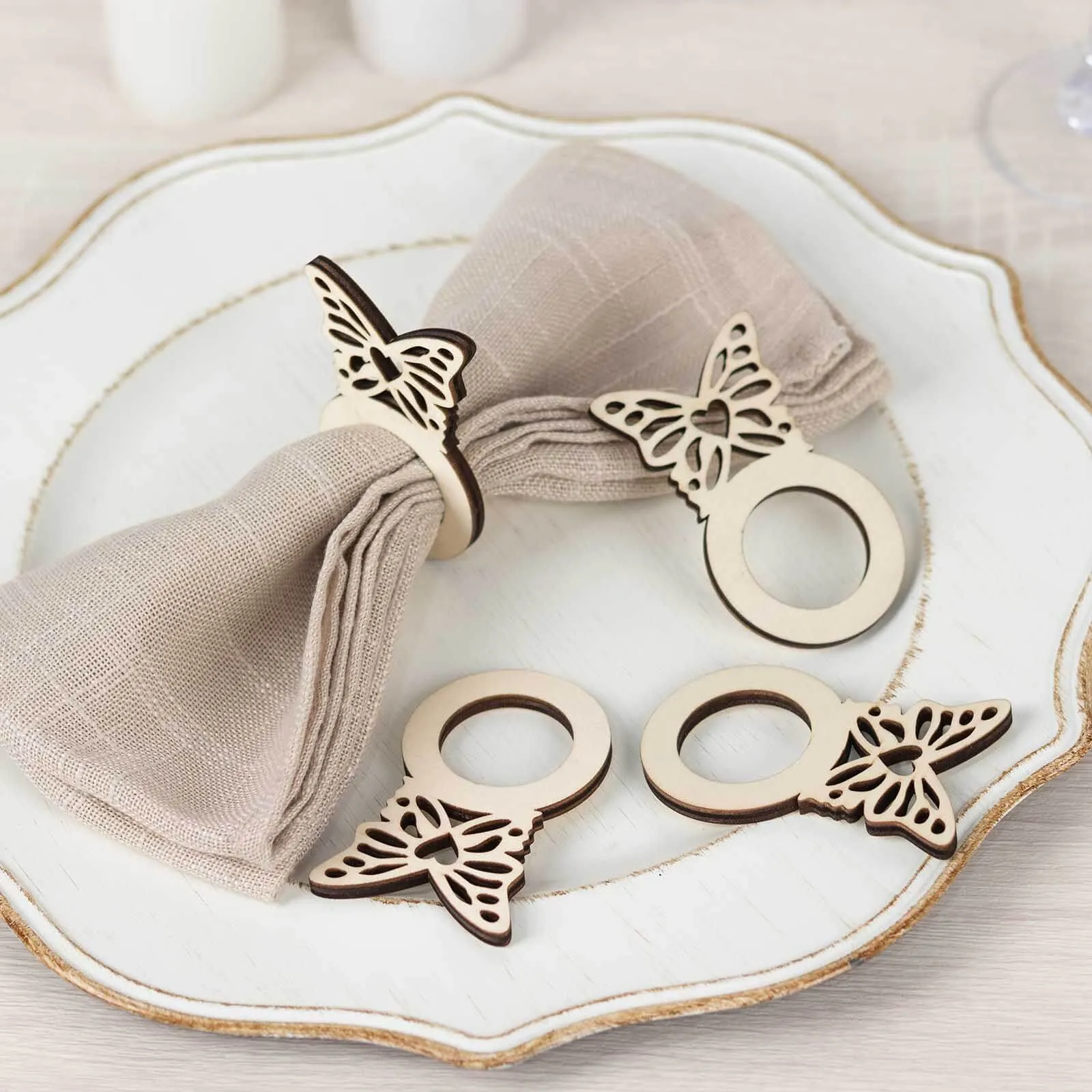 10 Pack Natural Wooden Butterfly Farmhouse Napkin Holders, 3" Boho Rustic Napkin Rings