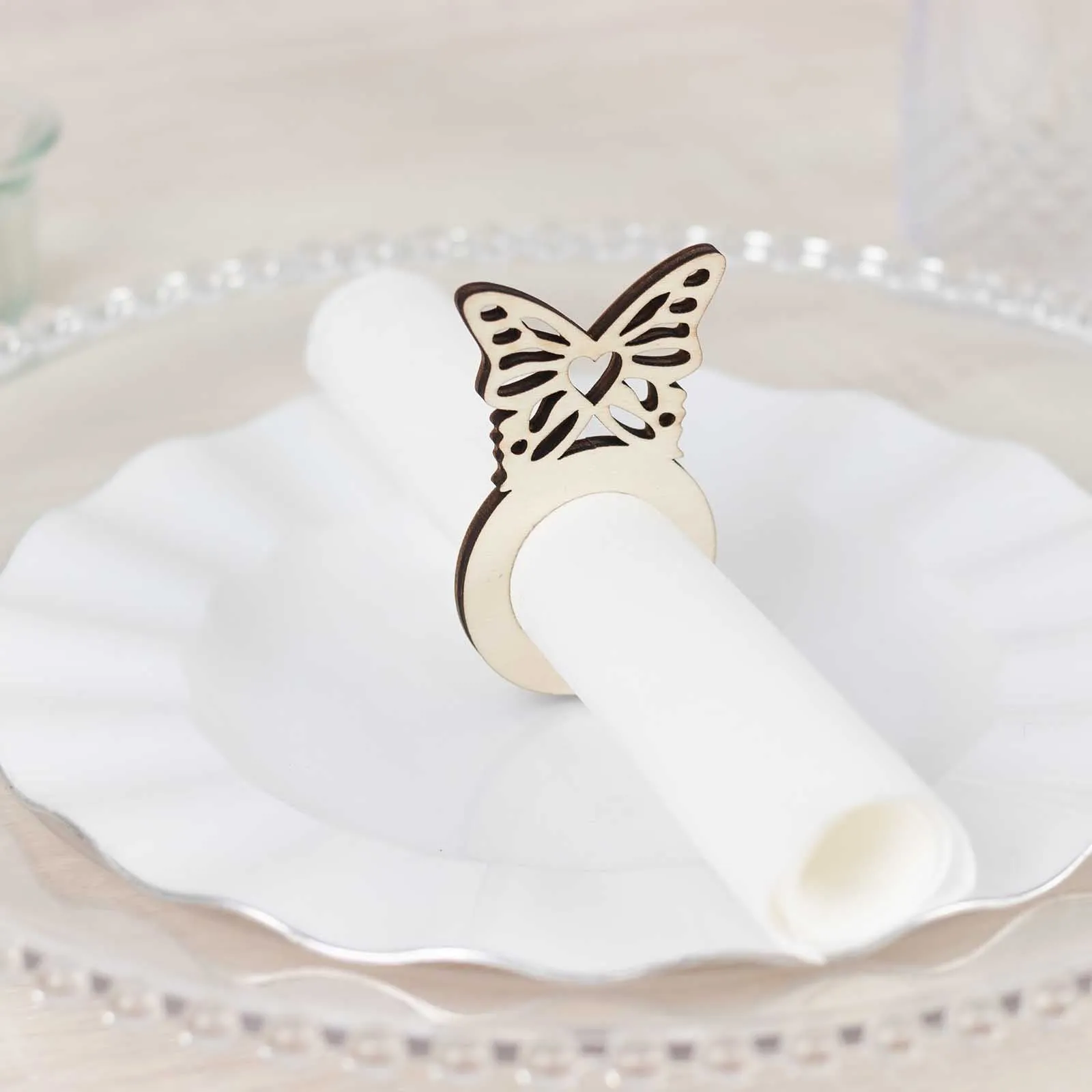 10 Pack Natural Wooden Butterfly Farmhouse Napkin Holders, 3" Boho Rustic Napkin Rings