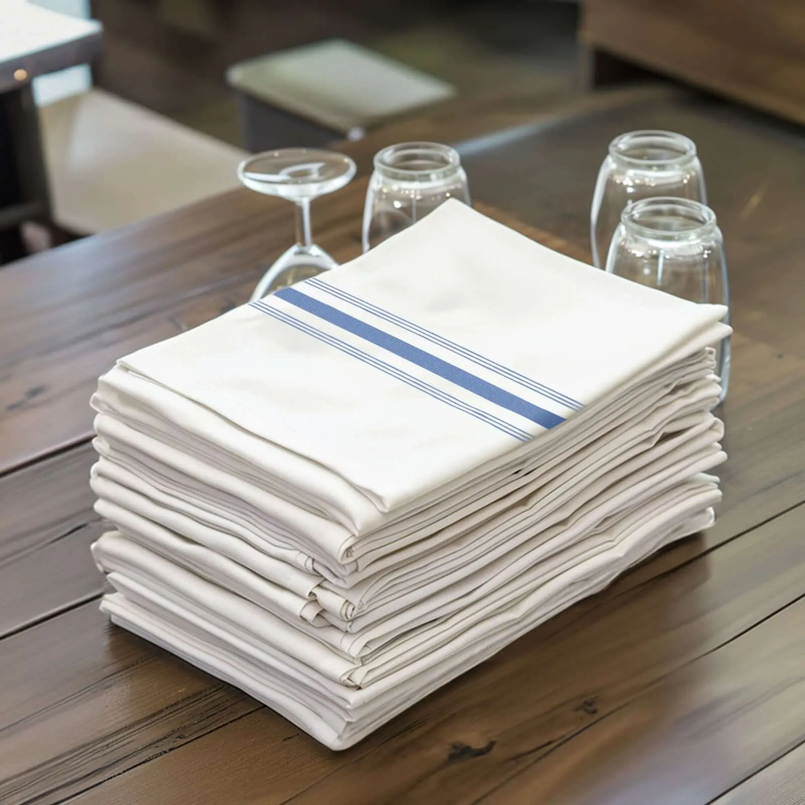 10 Pack White Spun Polyester Bistro Napkins with Blue Reverse Stripes, Premium Restaurant Quality Cloth Napkins - 18"x22"