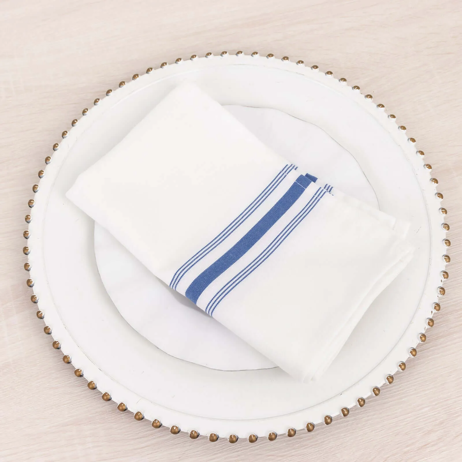 10 Pack White Spun Polyester Bistro Napkins with Blue Reverse Stripes, Premium Restaurant Quality Cloth Napkins - 18"x22"