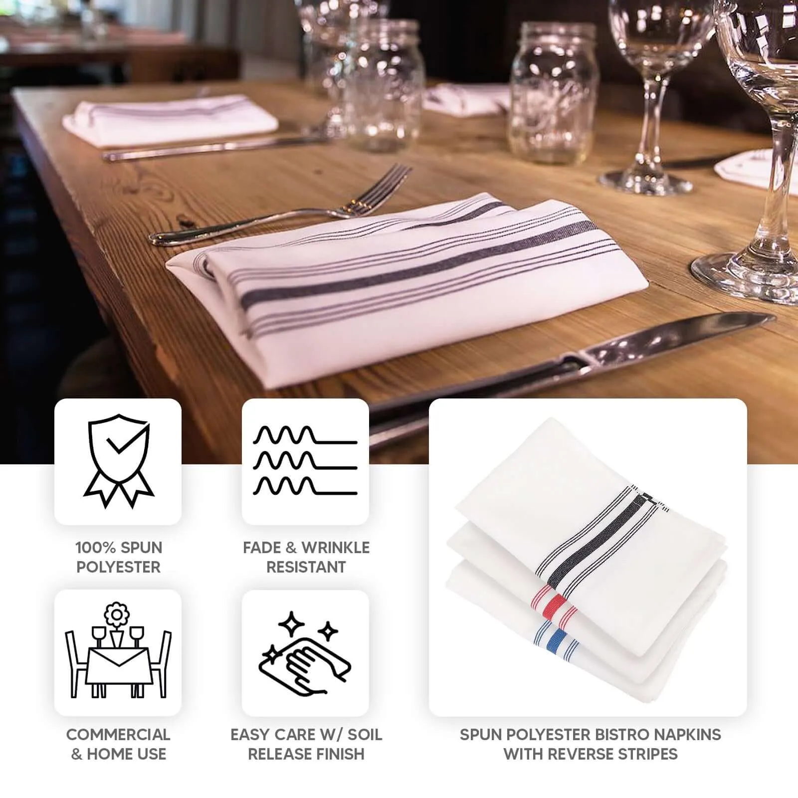 10 Pack White Spun Polyester Bistro Napkins with Blue Reverse Stripes, Premium Restaurant Quality Cloth Napkins - 18"x22"