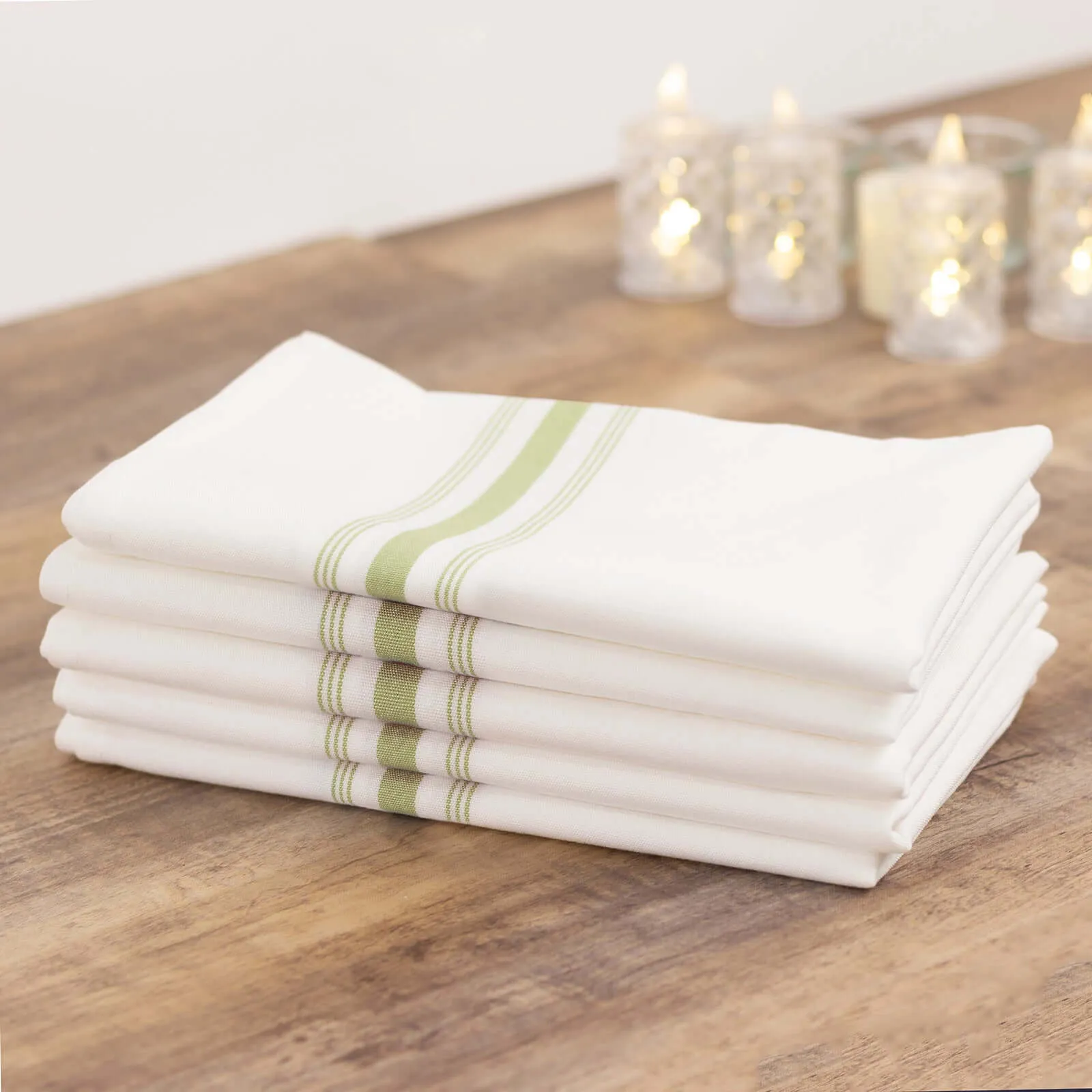 10 Pack White Spun Polyester Bistro Napkins with Sage Green Reverse Stripes, Premium Restaurant Quality Cloth Napkins - 18"x22"