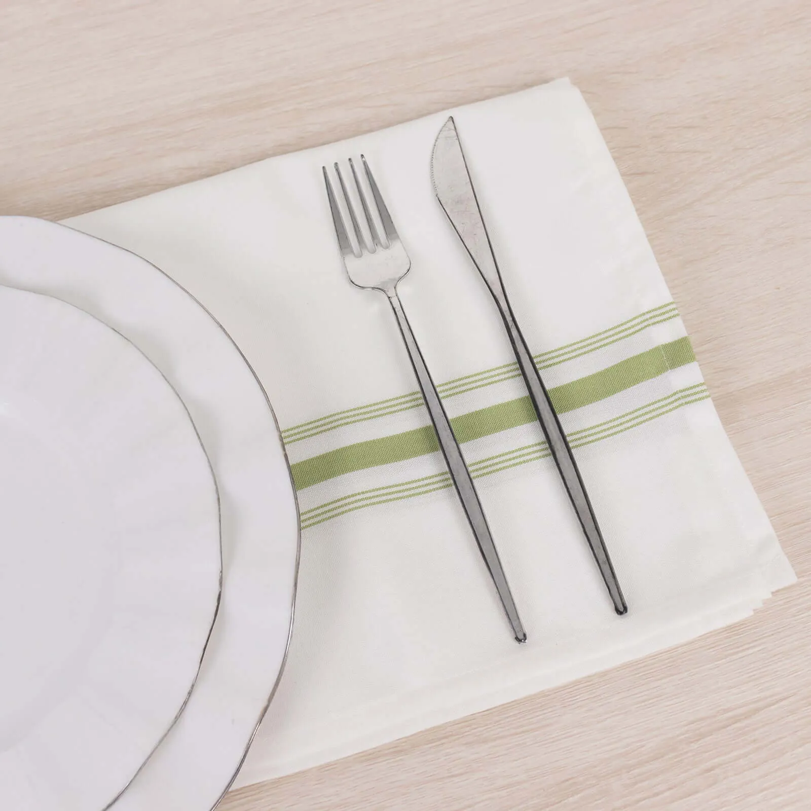 10 Pack White Spun Polyester Bistro Napkins with Sage Green Reverse Stripes, Premium Restaurant Quality Cloth Napkins - 18"x22"