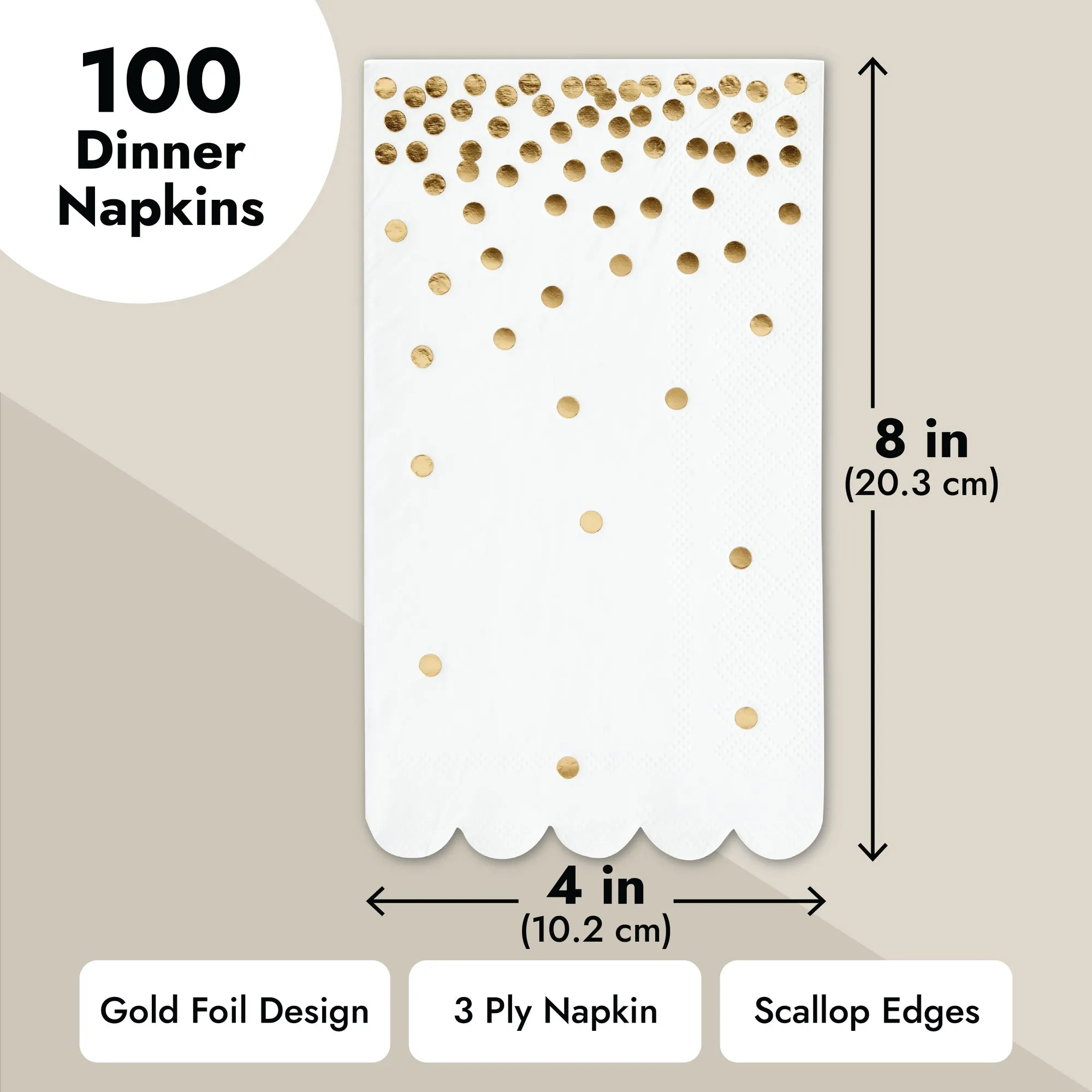 100-Pack White and Gold Scalloped Dinner Napkins - Gold Polka Dot Disposable Paper Napkins for Wedding Reception, Rehearsal Dinner (4x8 In)