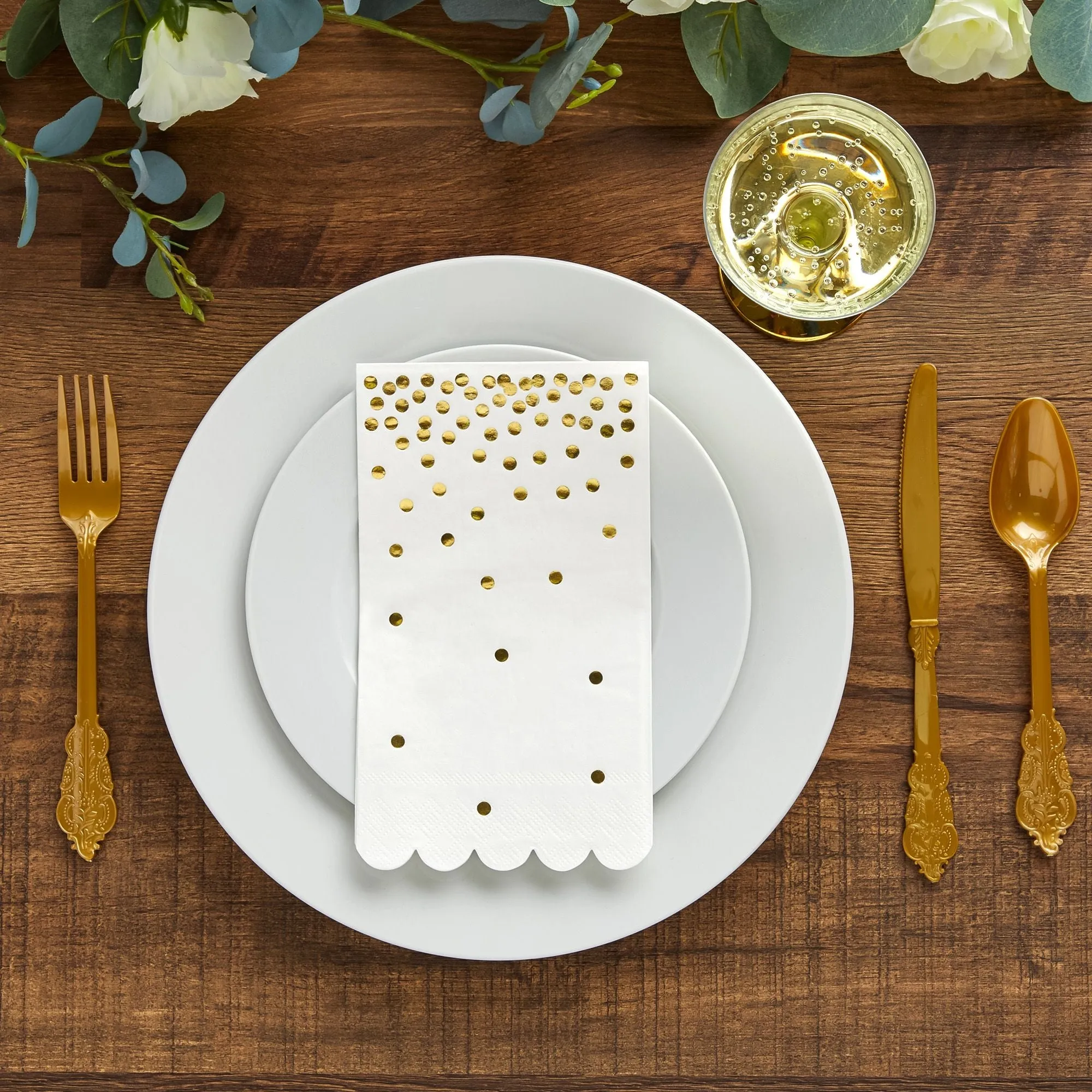 100-Pack White and Gold Scalloped Dinner Napkins - Gold Polka Dot Disposable Paper Napkins for Wedding Reception, Rehearsal Dinner (4x8 In)