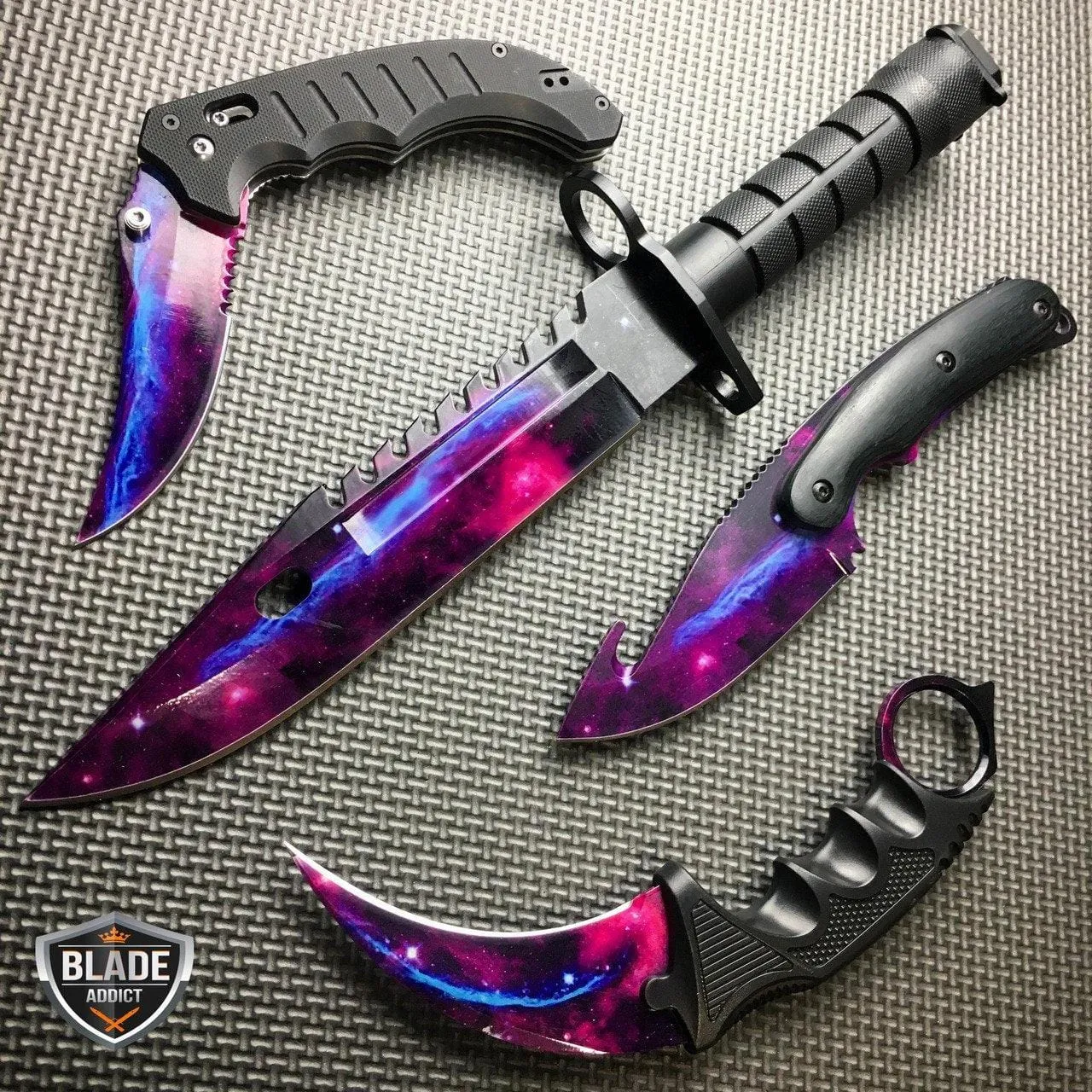 4 PC CSGO Black Galaxy Gut Hook Fixed Blade Bayonet FLIP Knife Karambit NEW