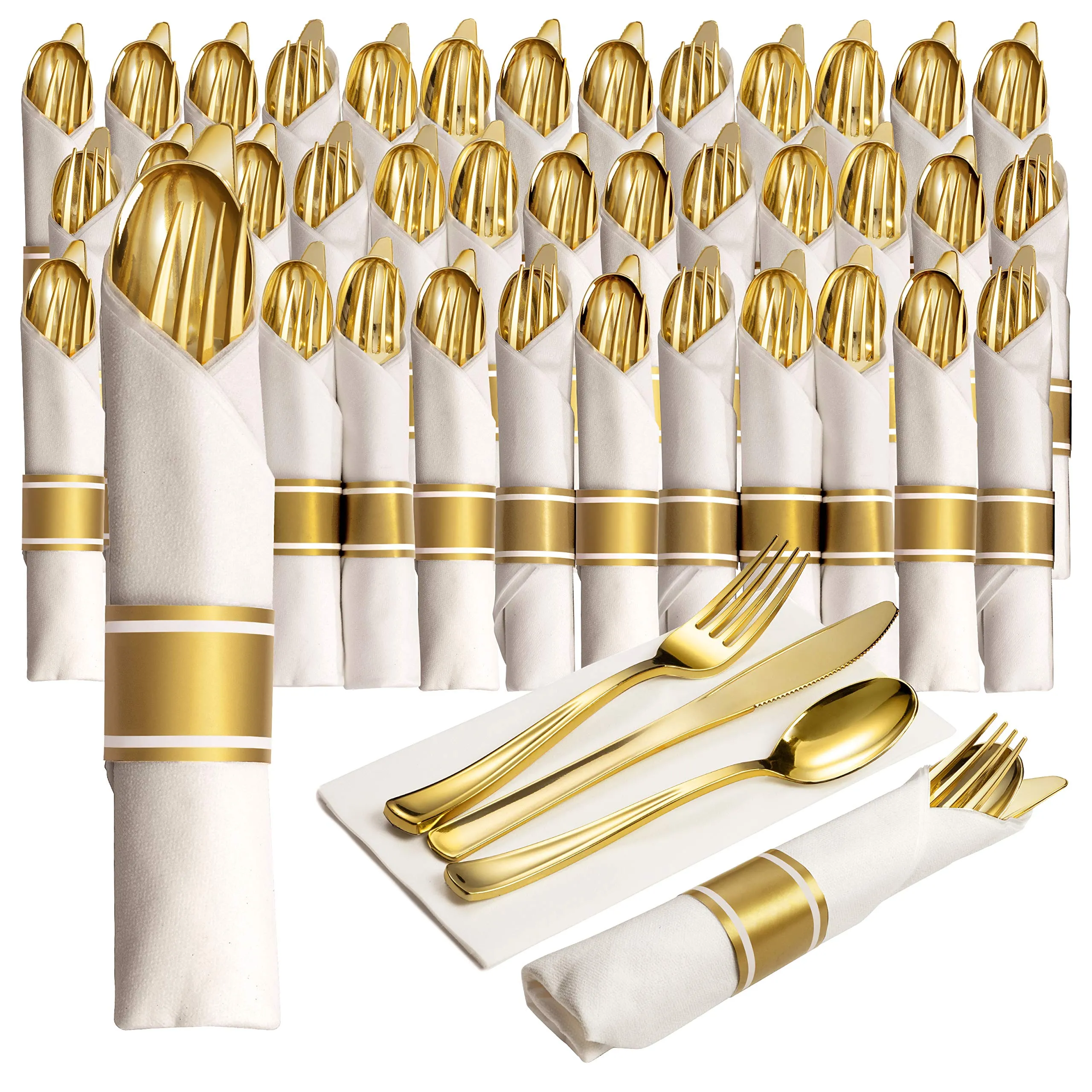 50 Pre Rolled Gold Plastic Silverware Sets For Parties, 200pc Set, 50 Guests