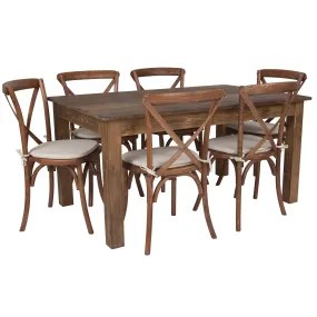 60" x 38" Farm Table Set with 6 Cross Back Chairs and Cushions