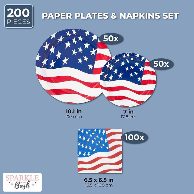 American Flag Paper Plates, and Napkins for 4th of July (20 Guests, 200 Pieces)