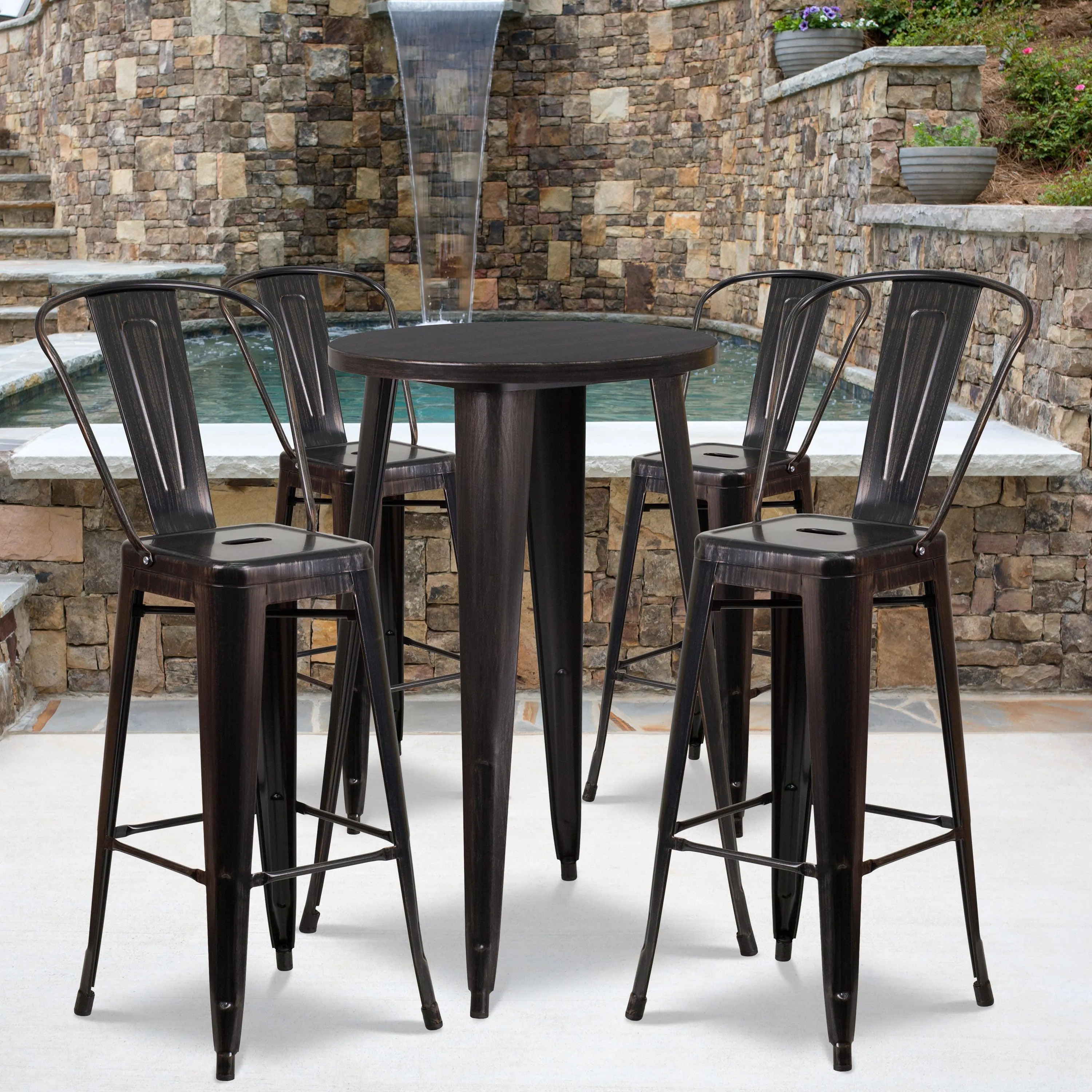 Commercial Grade 24" Round Metal Indoor-Outdoor Bar Table Set with 4 Cafe Stools