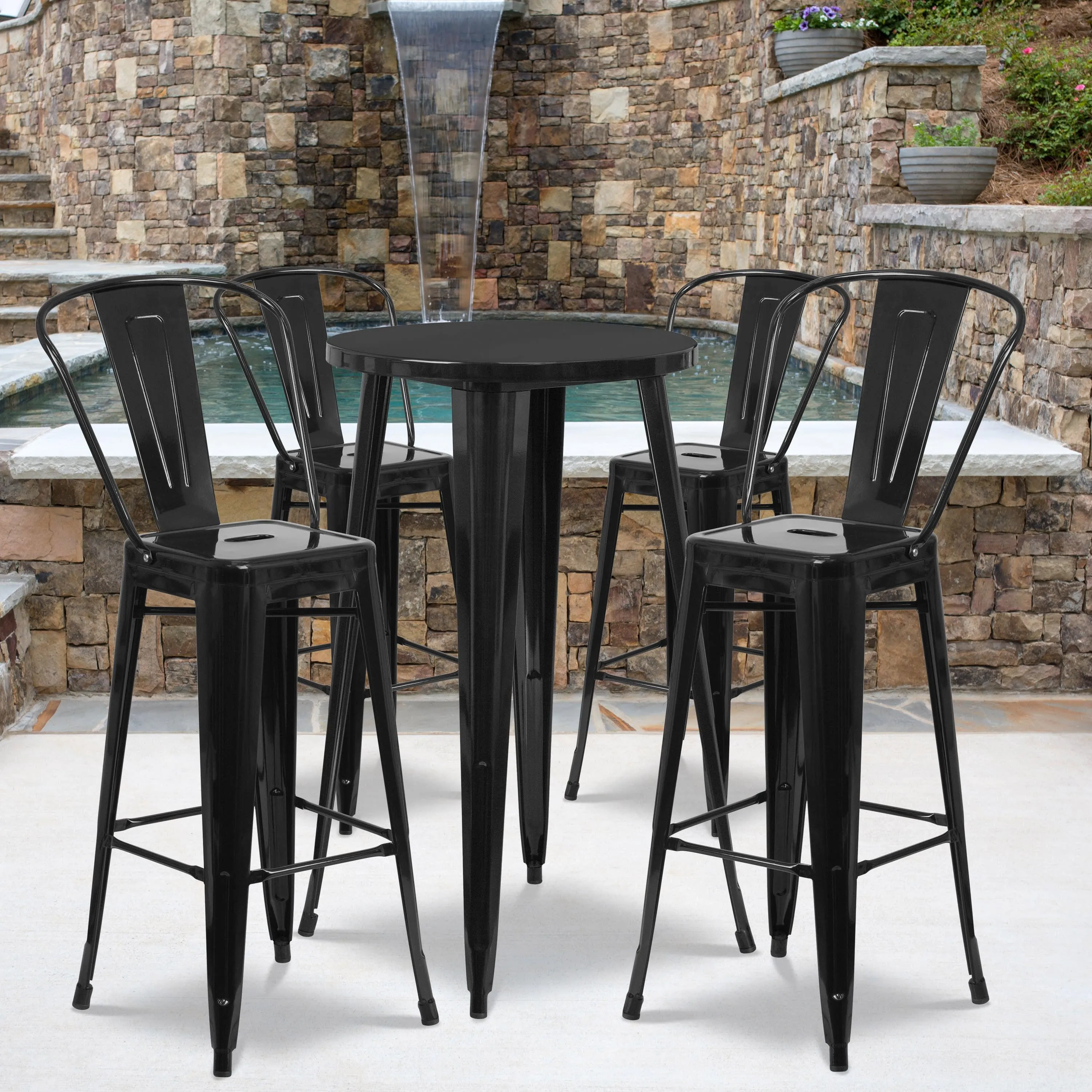 Commercial Grade 24" Round Metal Indoor-Outdoor Bar Table Set with 4 Cafe Stools