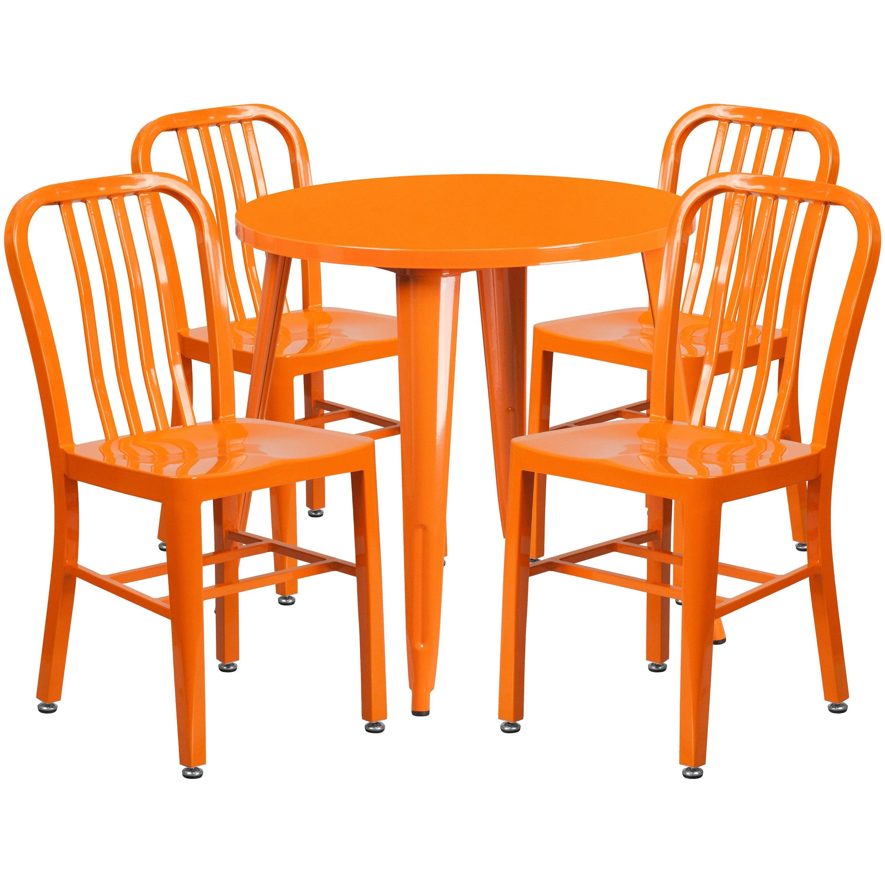 Commercial Grade 30" Round Metal Indoor-Outdoor Table Set with 4 Vertical Slat Back Chairs