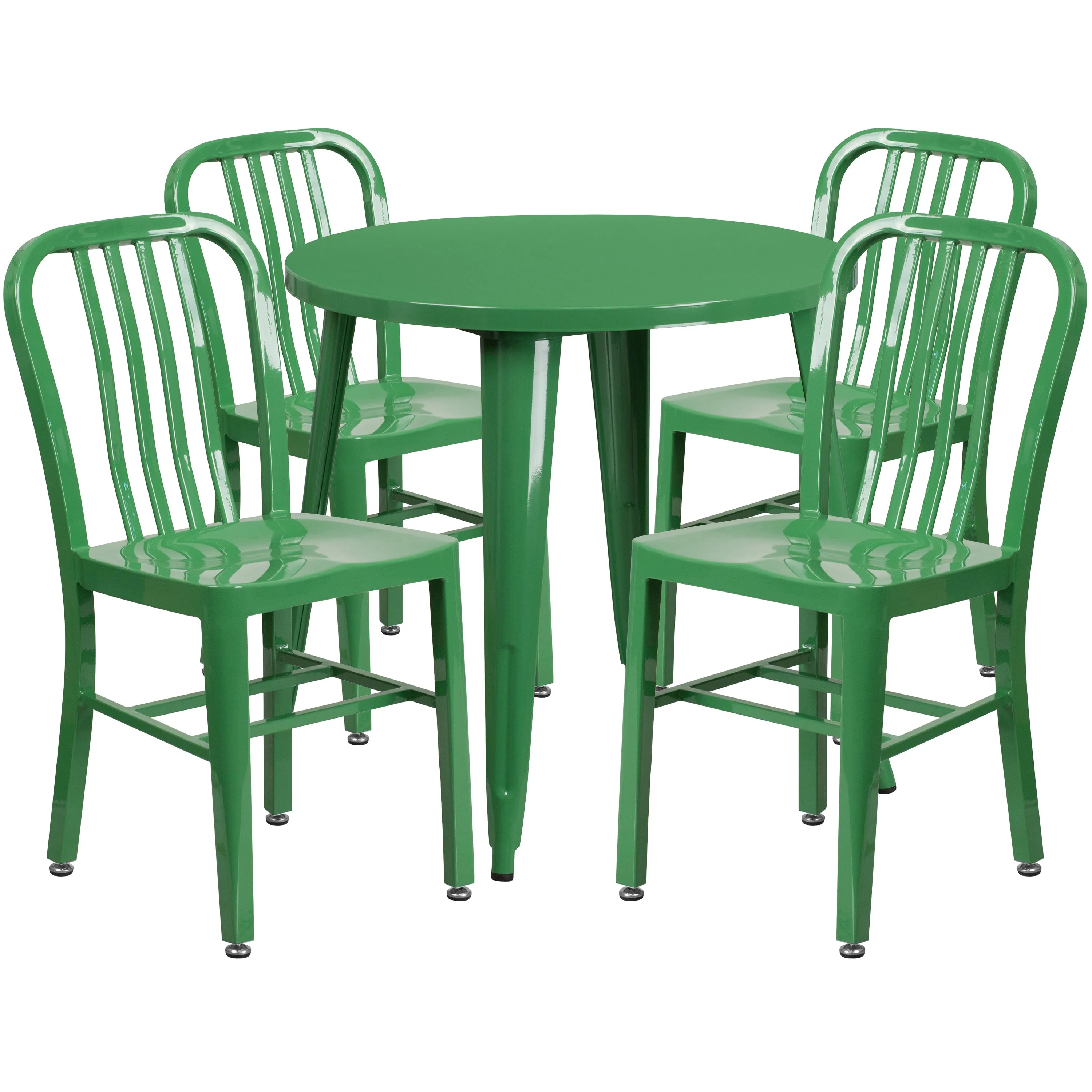 Commercial Grade 30" Round Metal Indoor-Outdoor Table Set with 4 Vertical Slat Back Chairs