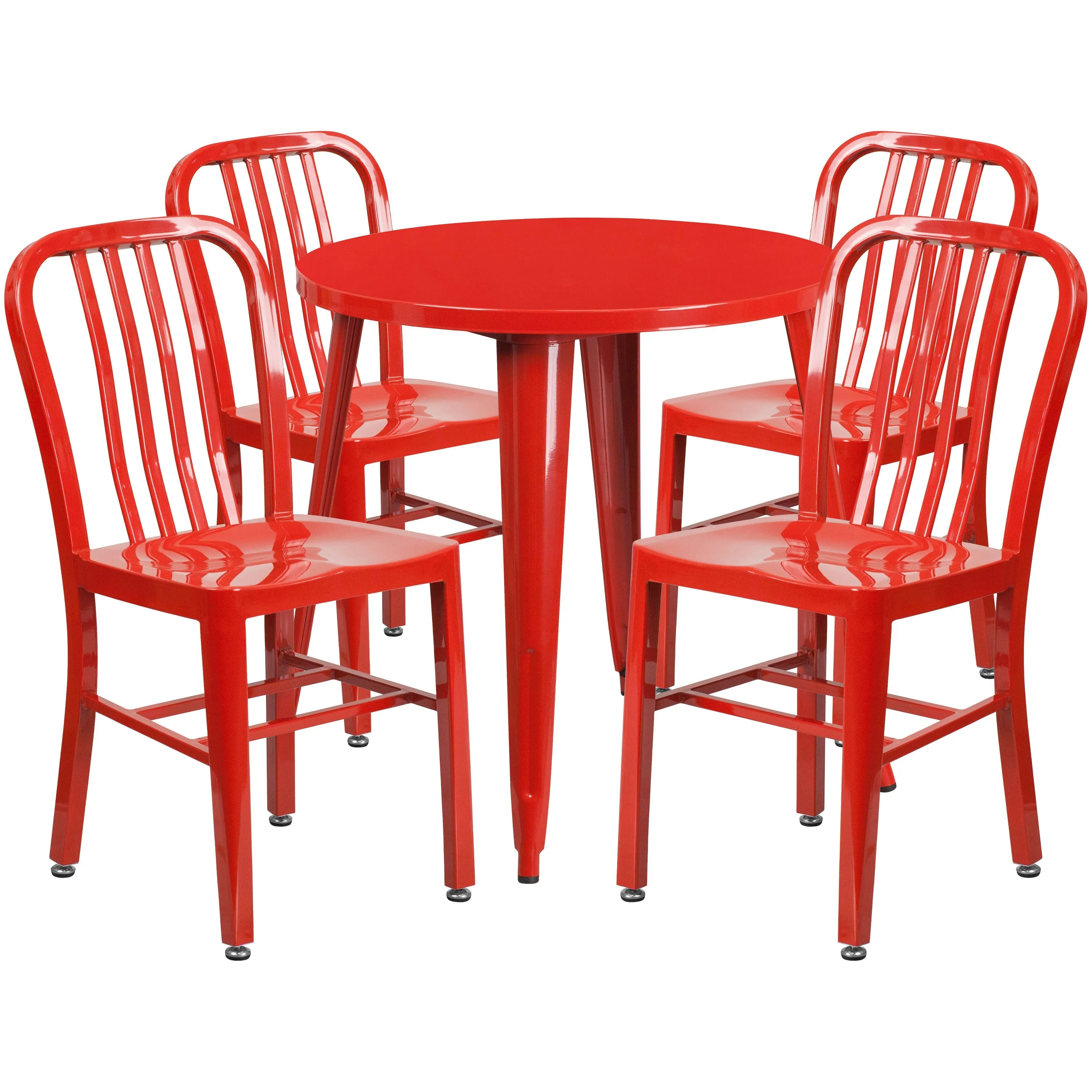 Commercial Grade 30" Round Metal Indoor-Outdoor Table Set with 4 Vertical Slat Back Chairs