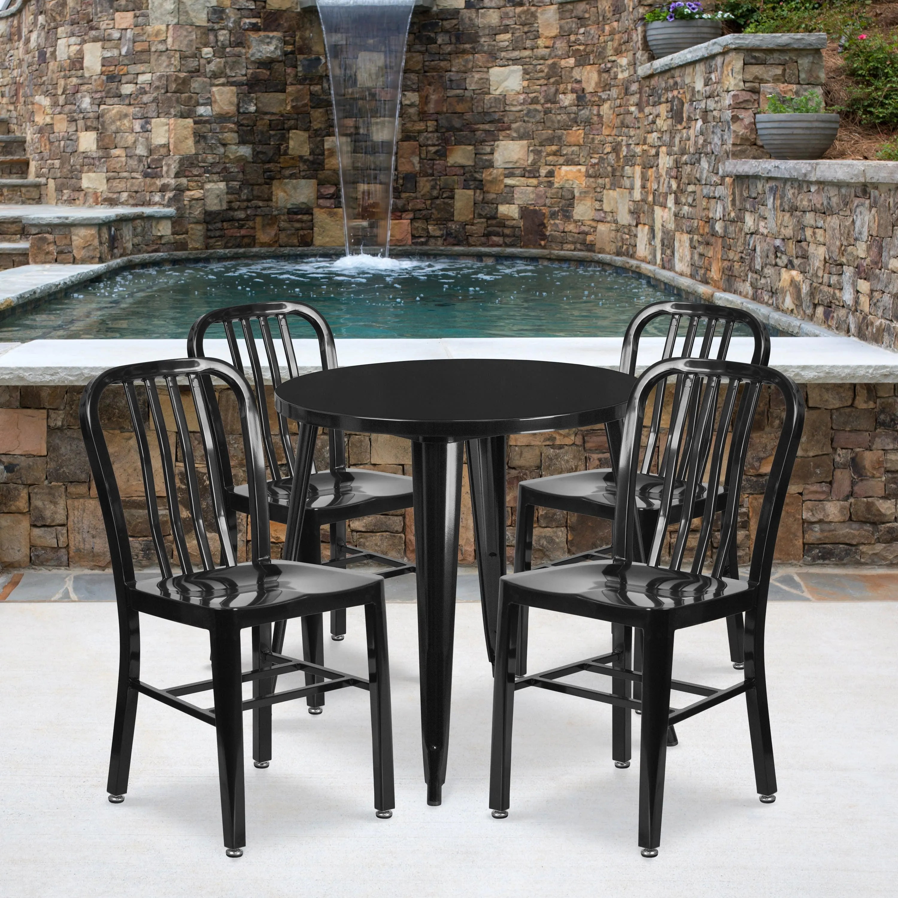 Commercial Grade 30" Round Metal Indoor-Outdoor Table Set with 4 Vertical Slat Back Chairs