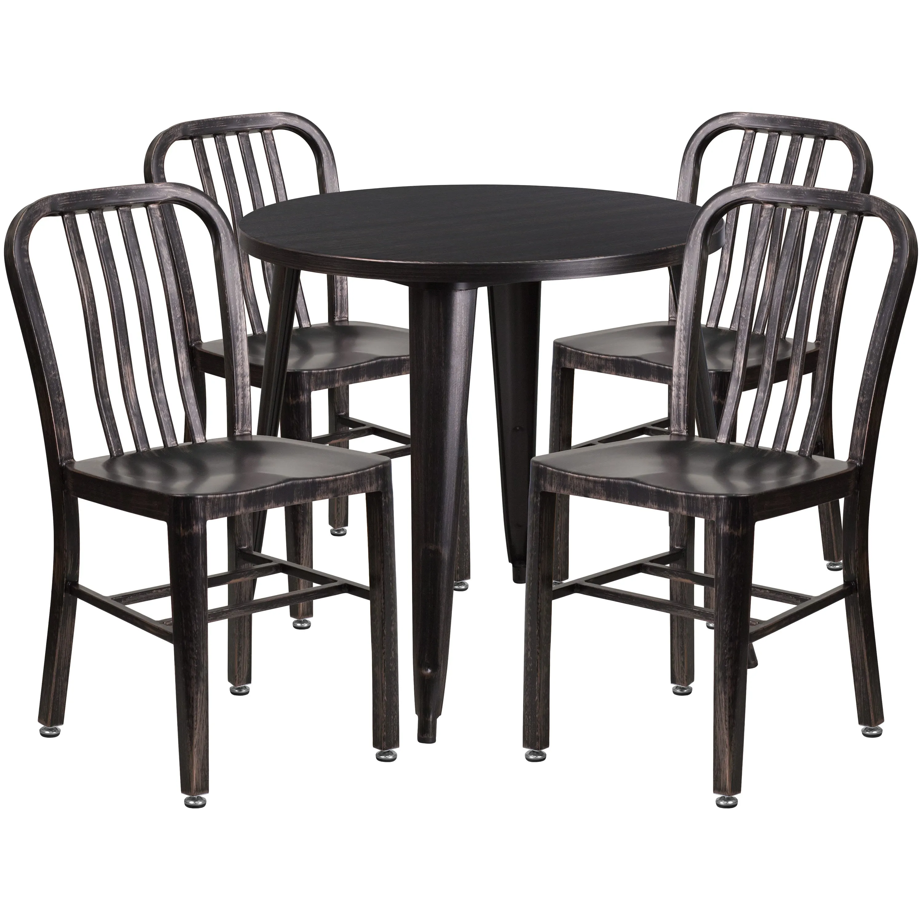 Commercial Grade 30" Round Metal Indoor-Outdoor Table Set with 4 Vertical Slat Back Chairs