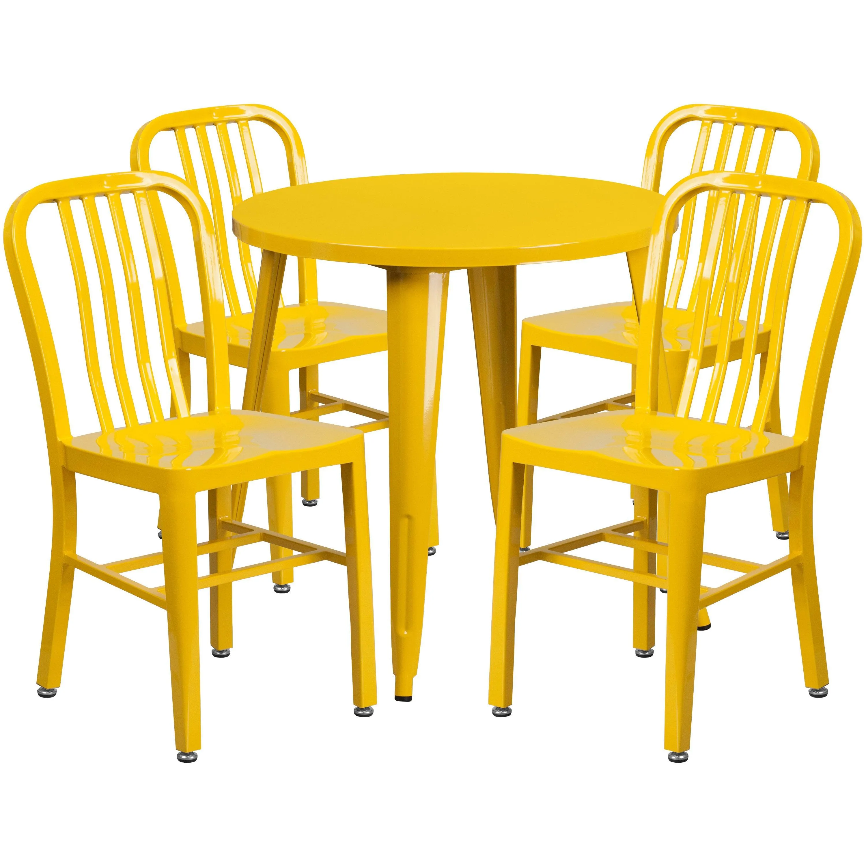 Commercial Grade 30" Round Metal Indoor-Outdoor Table Set with 4 Vertical Slat Back Chairs