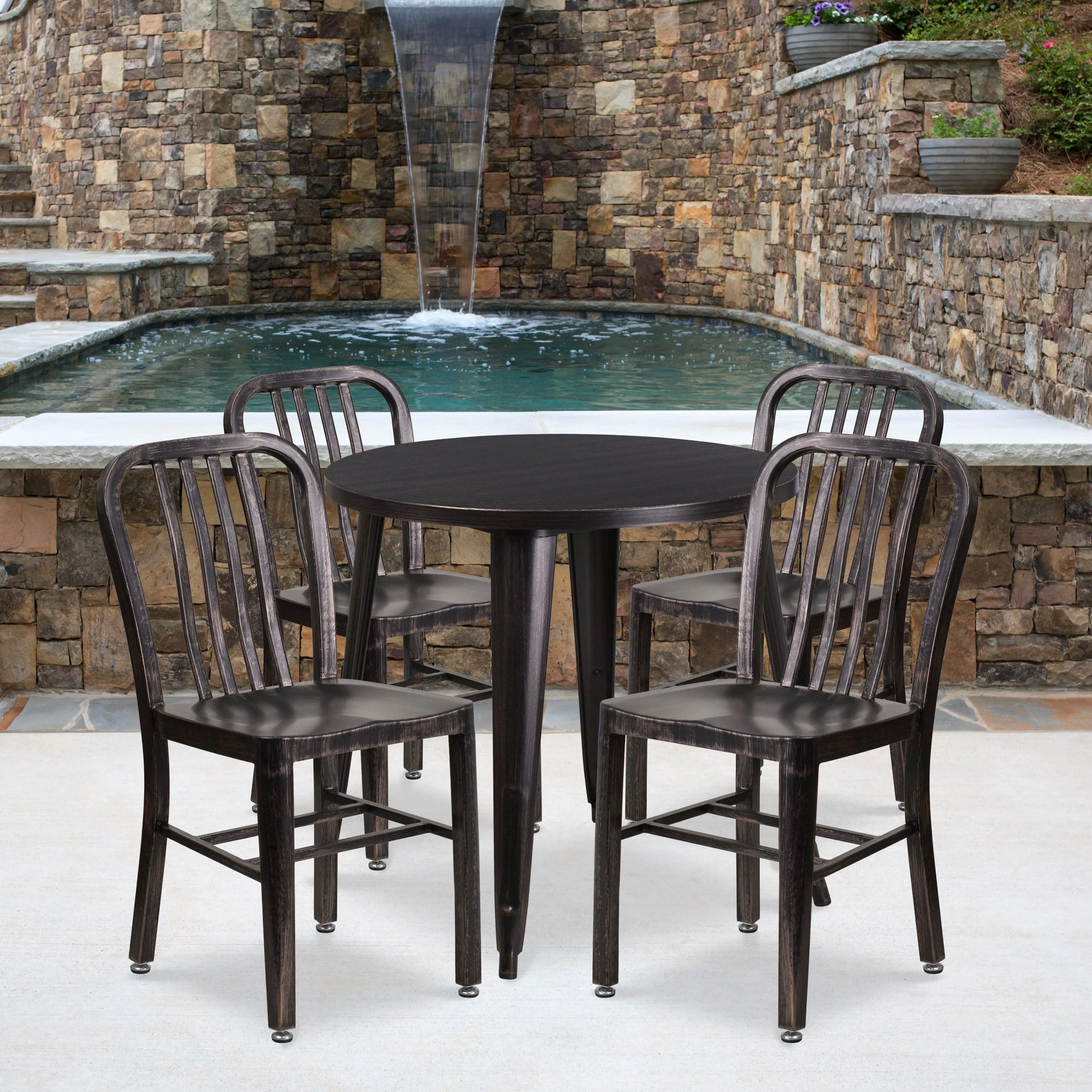 Commercial Grade 30" Round Metal Indoor-Outdoor Table Set with 4 Vertical Slat Back Chairs