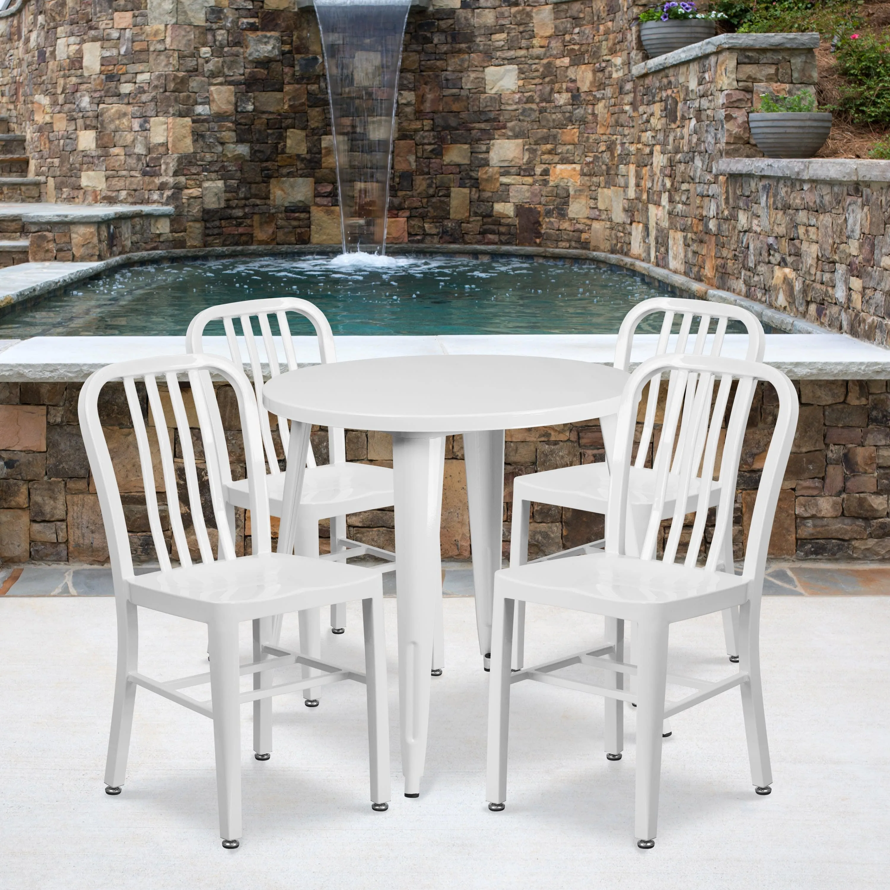 Commercial Grade 30" Round Metal Indoor-Outdoor Table Set with 4 Vertical Slat Back Chairs