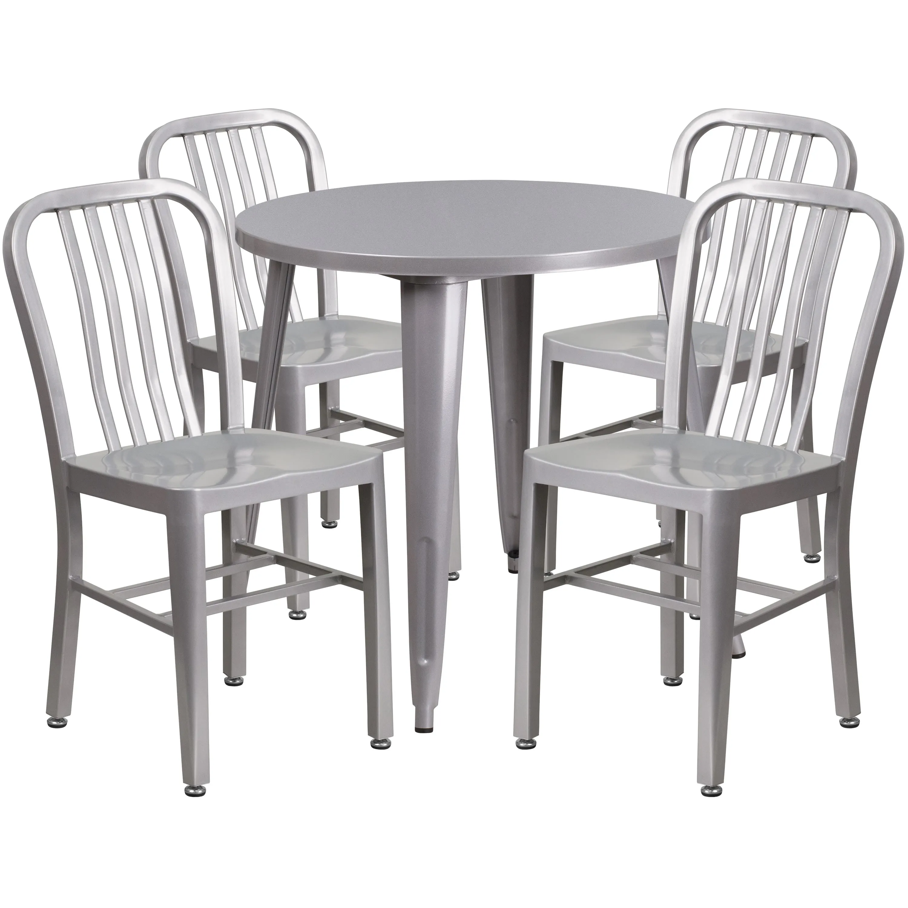 Commercial Grade 30" Round Metal Indoor-Outdoor Table Set with 4 Vertical Slat Back Chairs