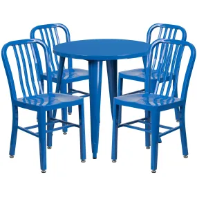 Commercial Grade 30" Round Metal Indoor-Outdoor Table Set with 4 Vertical Slat Back Chairs