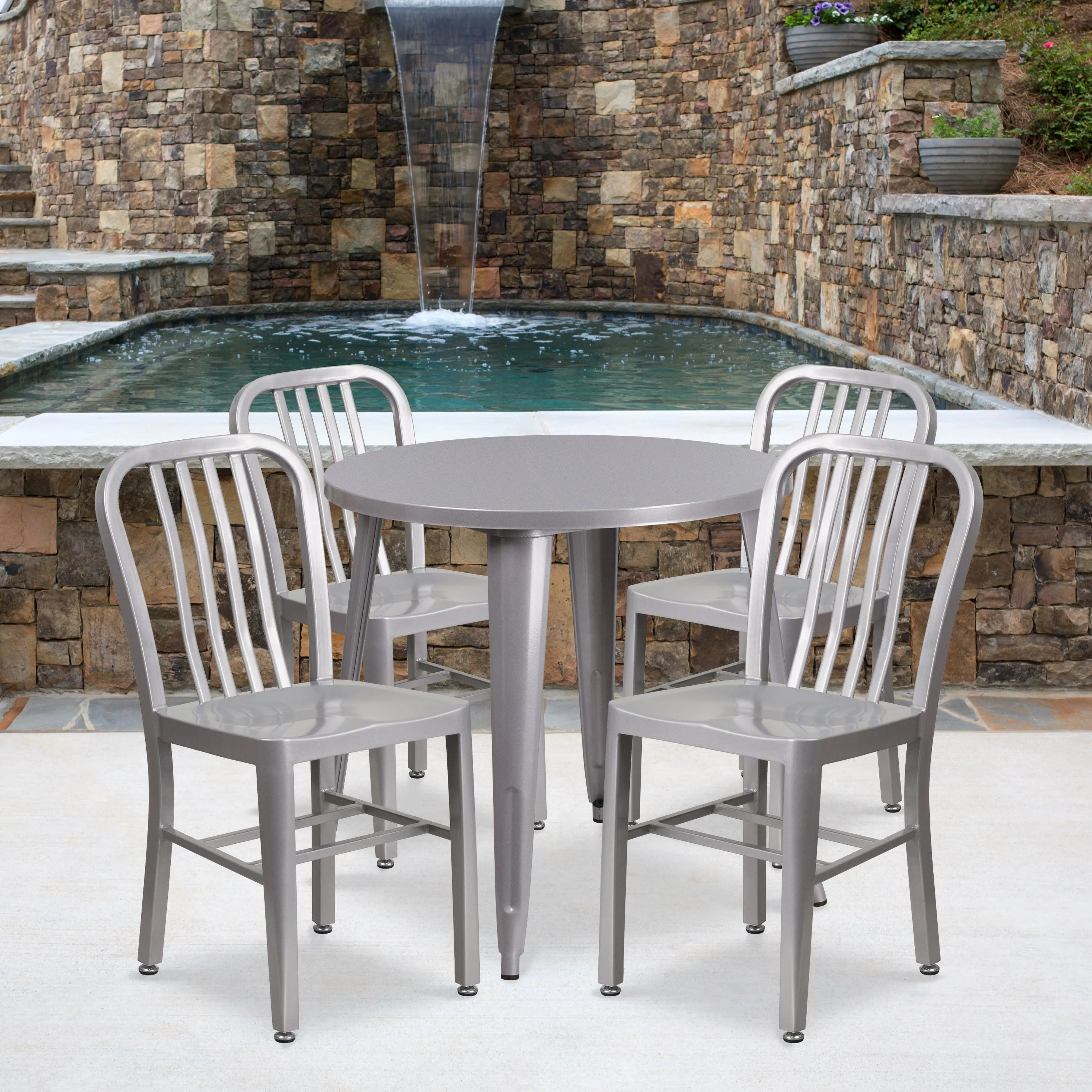 Commercial Grade 30" Round Metal Indoor-Outdoor Table Set with 4 Vertical Slat Back Chairs