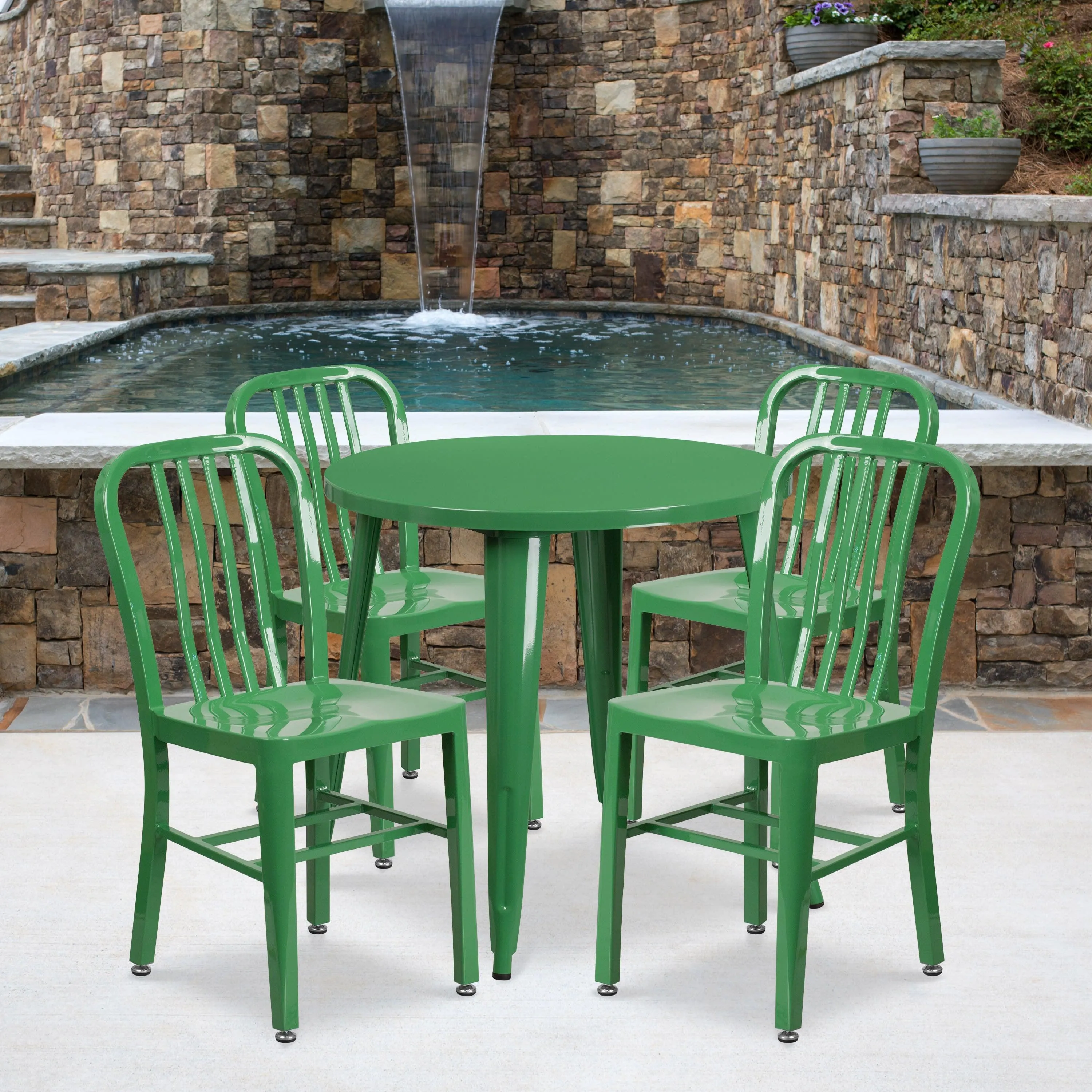 Commercial Grade 30" Round Metal Indoor-Outdoor Table Set with 4 Vertical Slat Back Chairs