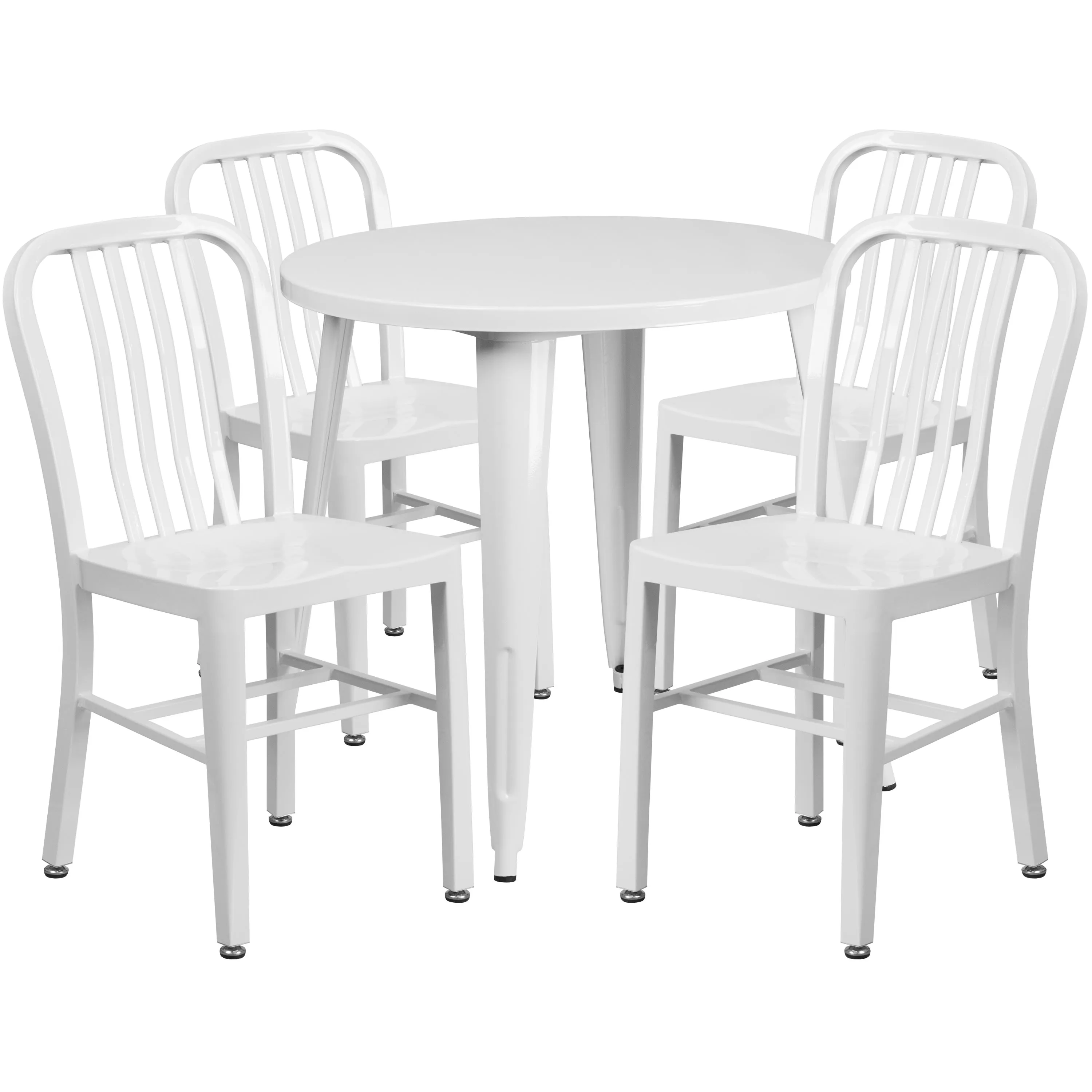 Commercial Grade 30" Round Metal Indoor-Outdoor Table Set with 4 Vertical Slat Back Chairs