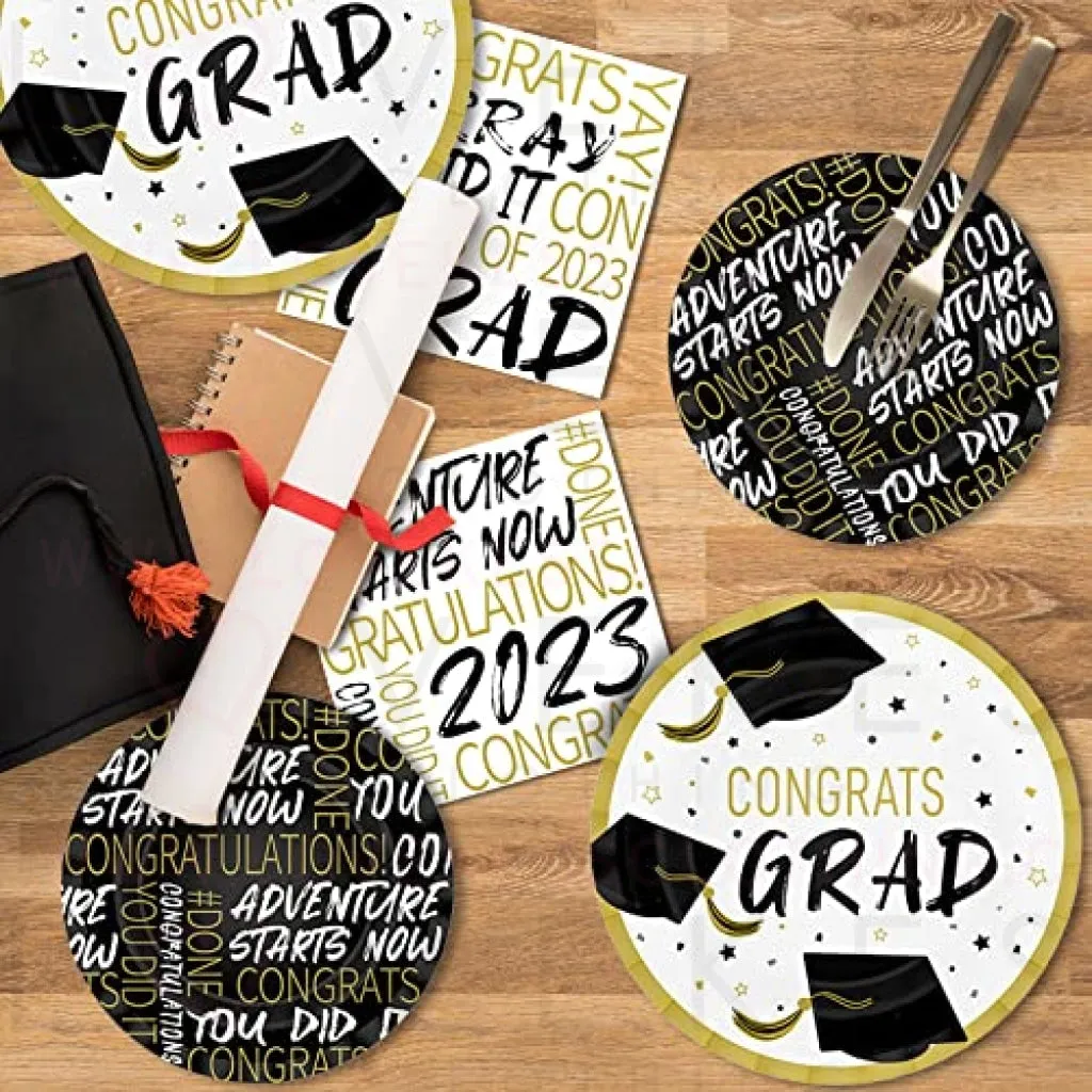 DYLIVeS 150 Pcs Graduation Party Paper Plates and Napkins Set, Graduation Party Supplies Decor, White Black Gold Grad Congrats Disposable Tableware Set 2023 for College High School, Serves 50