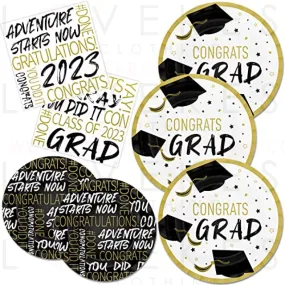 DYLIVeS 150 Pcs Graduation Party Paper Plates and Napkins Set, Graduation Party Supplies Decor, White Black Gold Grad Congrats Disposable Tableware Set 2023 for College High School, Serves 50