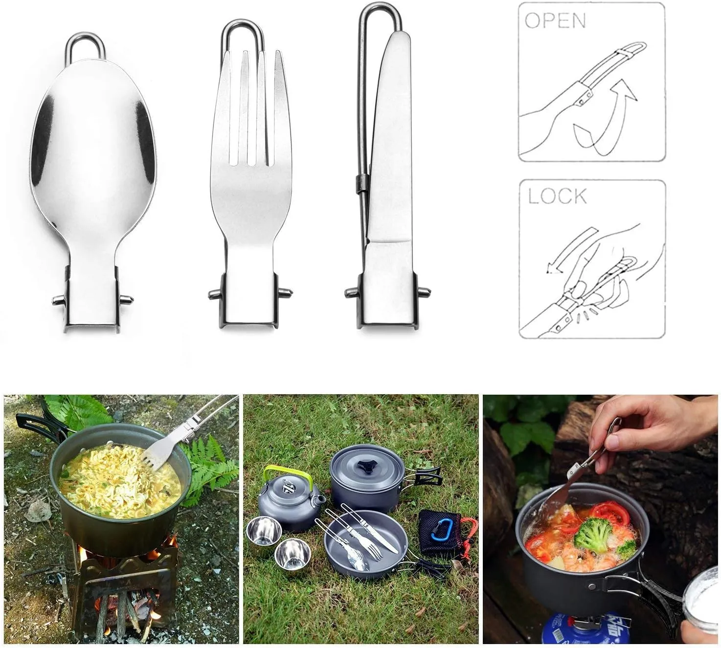 DZRZVD Camp Flatware Sets - Stainless Steel Spoon Fork Knife & Nylon Storage Bag - Foldable   Locking Handle - Ultralight Utensils for Backpacking/Hiking/Camping - 3oz