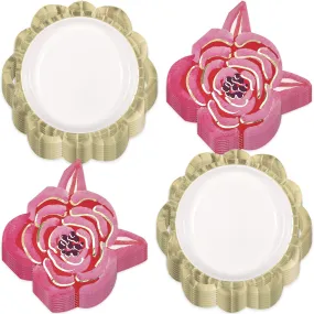 Elegant Valentine's Party Lace Trimmed White and Metallic Gold Paper Dinner Plates and Flower Shaped Lunch Napkins (Serves 16)