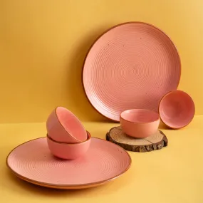 Handmade Ceramic Dinner Set for 2, set of 2 Dinner plates and 4 katoris, Set of 6, Warm Pink