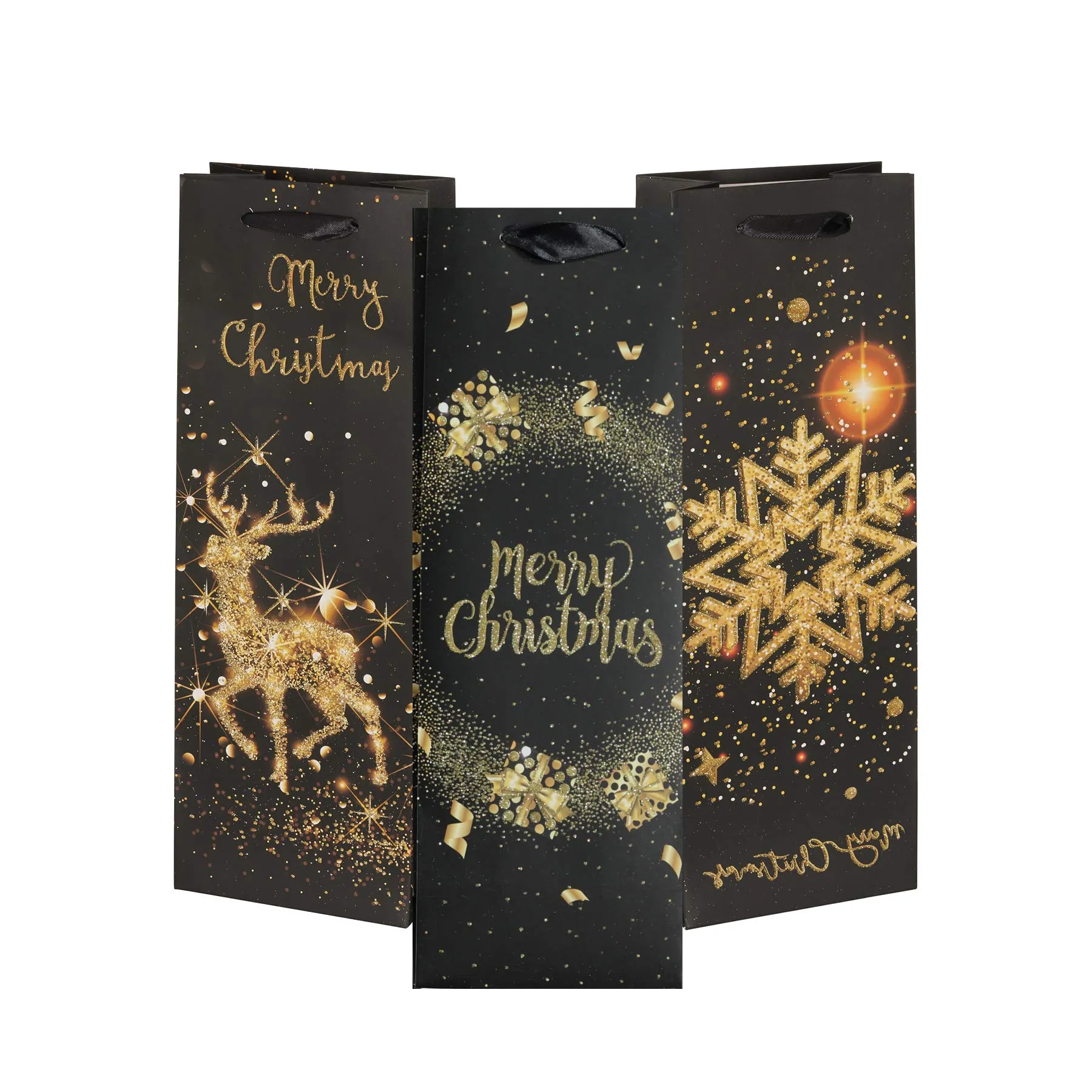 Holiday Wine Gift Bags - Black And Gold Wine Bags - Elegant Gold And Black Xmas Gift Bags