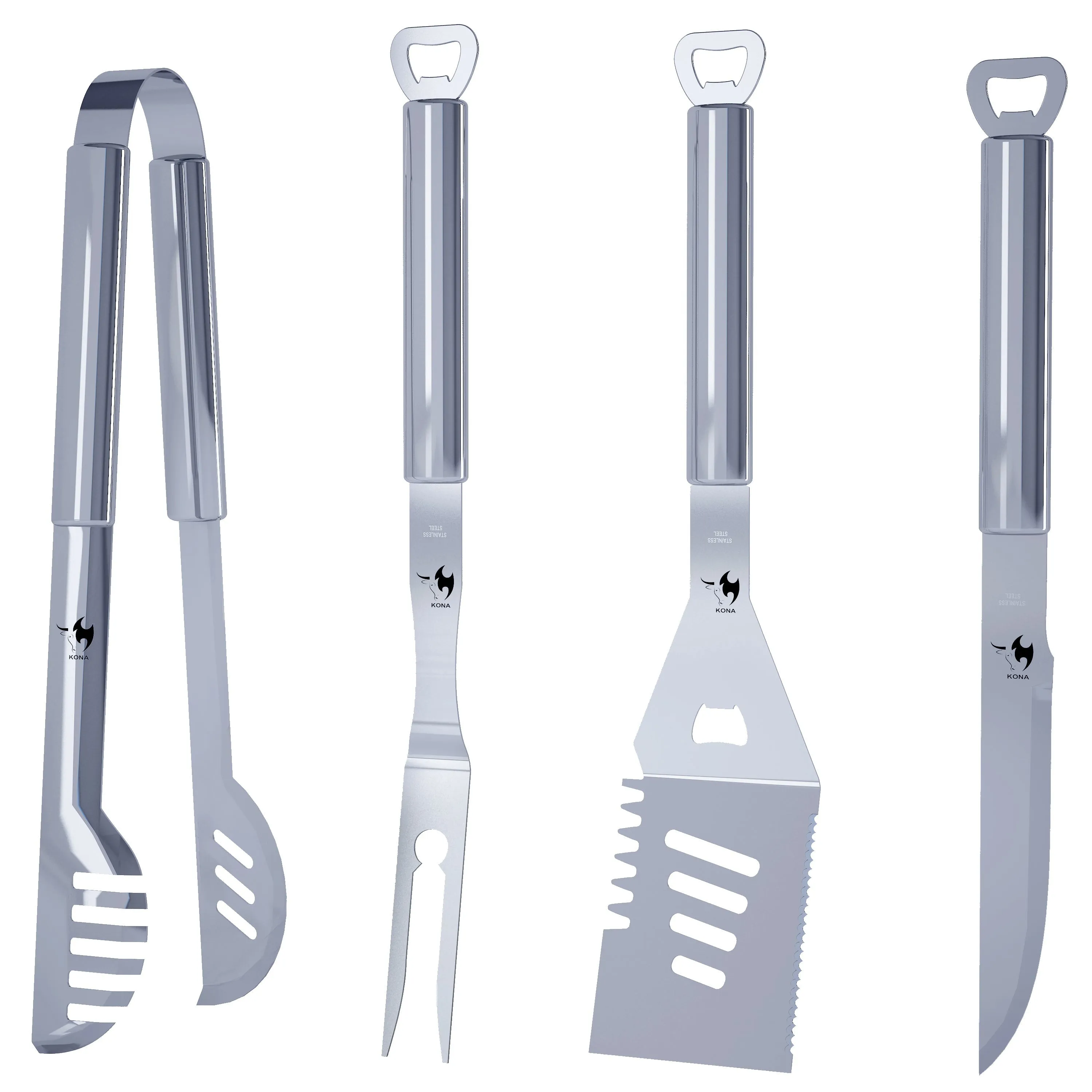 Kona Grill Tools Set - Stainless-Steel Spatula, Tongs, Fork, Knife, Openers & Case