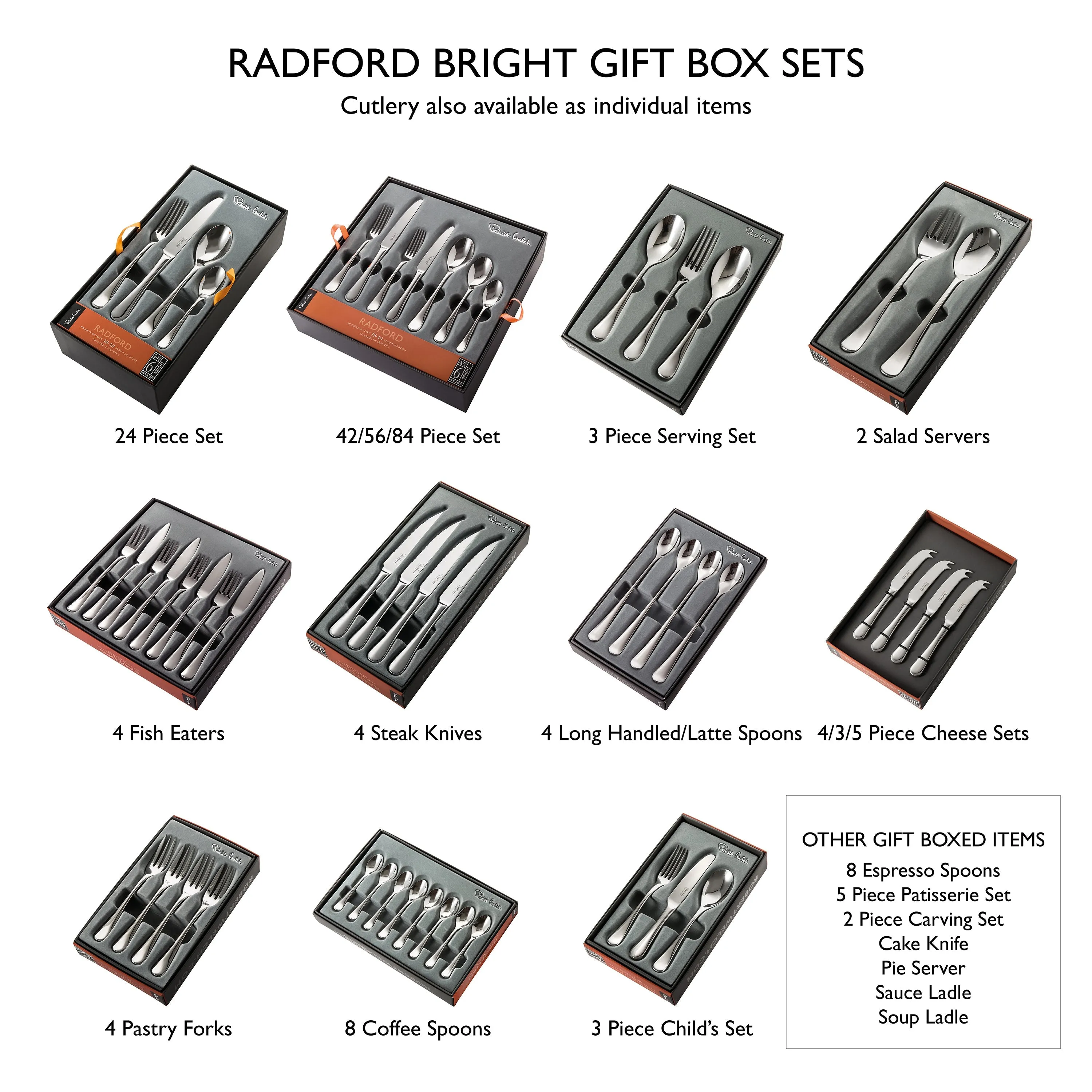 Radford Bright Cutlery Set, 64 Piece for 8 People - 8 Free Steak Knives