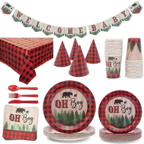 Red Plaid Boy Baby Shower Party Supplies, Dinnerware Set and Tablecloth (Serves 24, 194 Pieces)