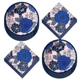 Royal Garden Blue Floral Paper Dinner Plates and Lunch Napkins (Serves 16)