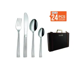 Stainless Steel 24 PCS Cutlery Set (6 Pcs Tea Spoon, 6 Pcs Dessert Spoon, 6 Pcs Dessert Fork and 6 Pcs Dessert Knife) with Leather Box Shaffield