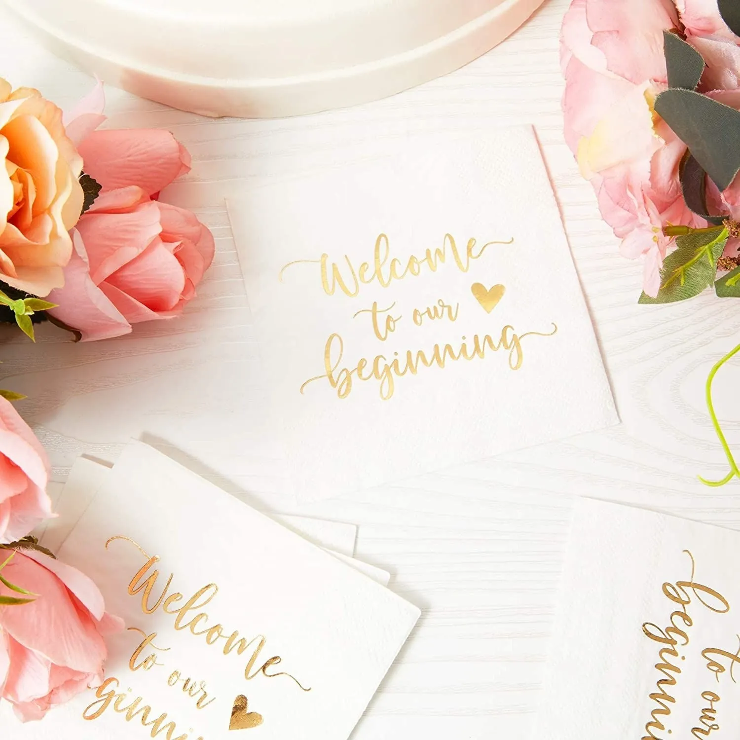 Wedding Cocktail Napkins, Welcome to our Beginning (White, 5 In, 100 Pack)