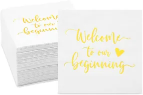 Wedding Cocktail Napkins, Welcome to our Beginning (White, 5 In, 100 Pack)