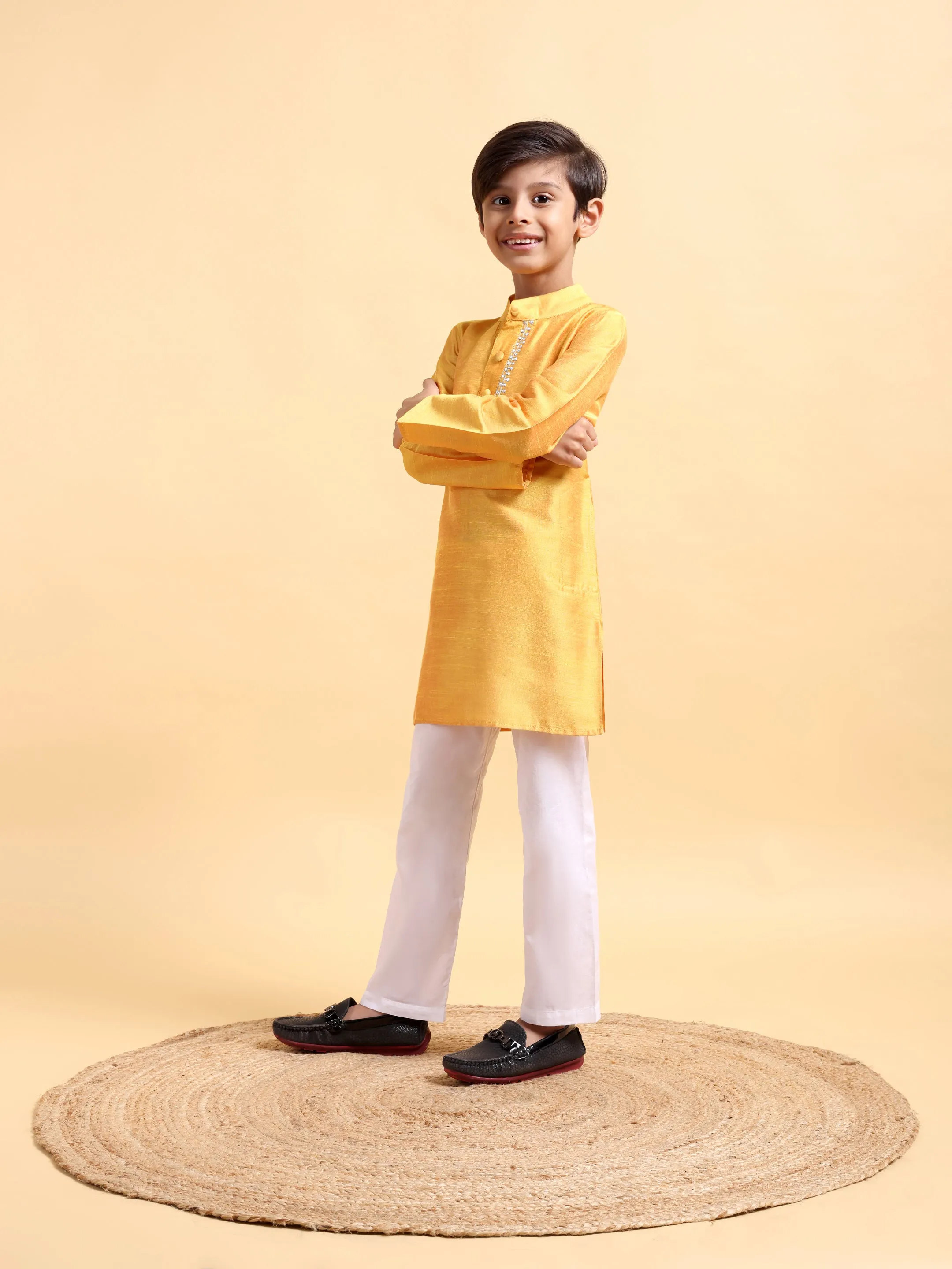 Yellow Embriodery Cotton Silk Kurta & Pajama Set