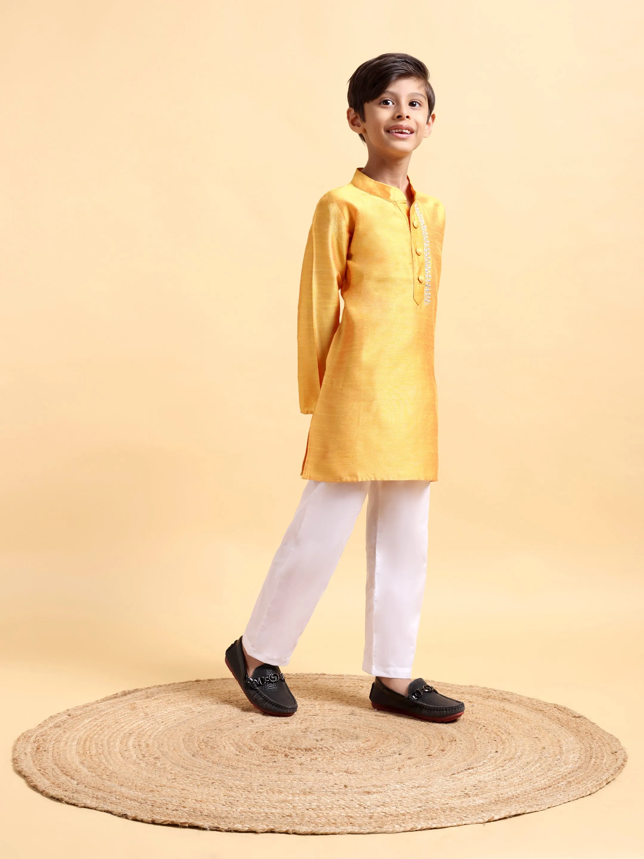 Yellow Embriodery Cotton Silk Kurta & Pajama Set